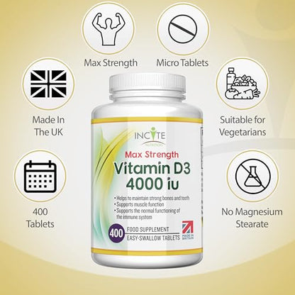 Vitamin D3 4000 iu - Vitamin D Tablets - 1 Year Supply Tablets - Vegetarian - Vitamin D