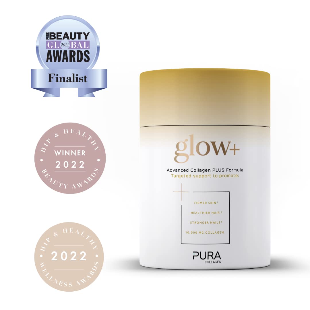 Pura Collagen Powdered Supplement Glow+, 10,000mg Hydrolysed Peptides, Hyaluronic Acid, Vitamins & Minerals, 28 Servings, 284 g