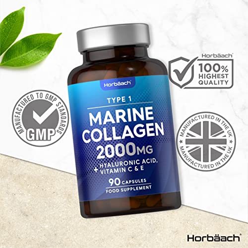 Marine Collagen Capsules | with Hyaluronic Acid, Vitamin C & E | 2000mg | High Strength Type 1 Collagen