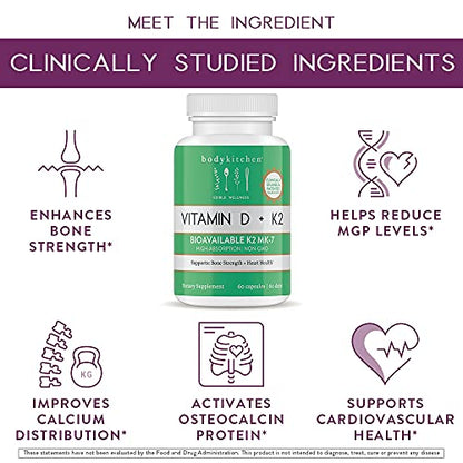 Body Kitchen Vegan Plant-Based Vitamin D3 + K2 (MK7) Supplement, Bone and Heart