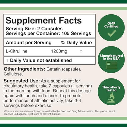 L Citrulline Capsules 1,200mg Per Serving, 210 Count (L-Citrulline Increases Levels