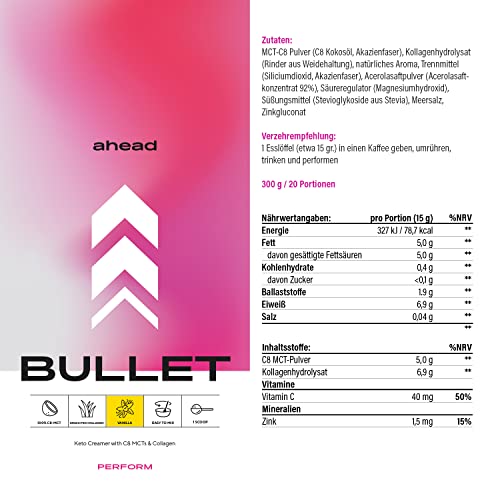 ahead BULLET | C8 MCT Powder with Collagen Powder - Vanilla - 300g - Perfect for Bulletproof Coffee