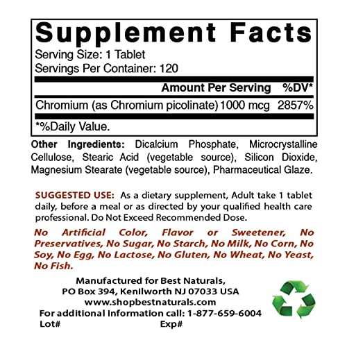 Best Naturals Chromium Picolinate 1000 mcg 120 Tablets (Pack of 2)