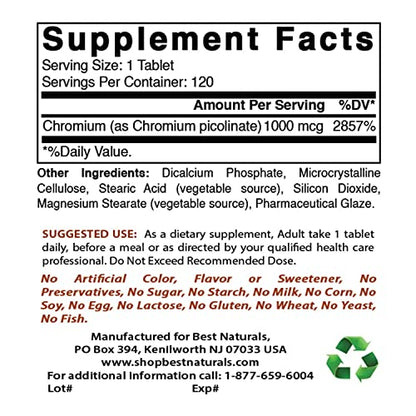 Best Naturals Chromium Picolinate 1000 mcg 120 Tablets (Pack of 2)