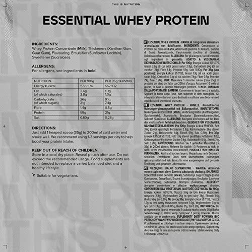 Bulk Essential Whey Protein Powder Shake, Vanilla, 1kg