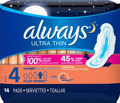 Always Ultra Thin Size 4 Overnight Pads With Wings Unscented, 14 Count (3700030165)