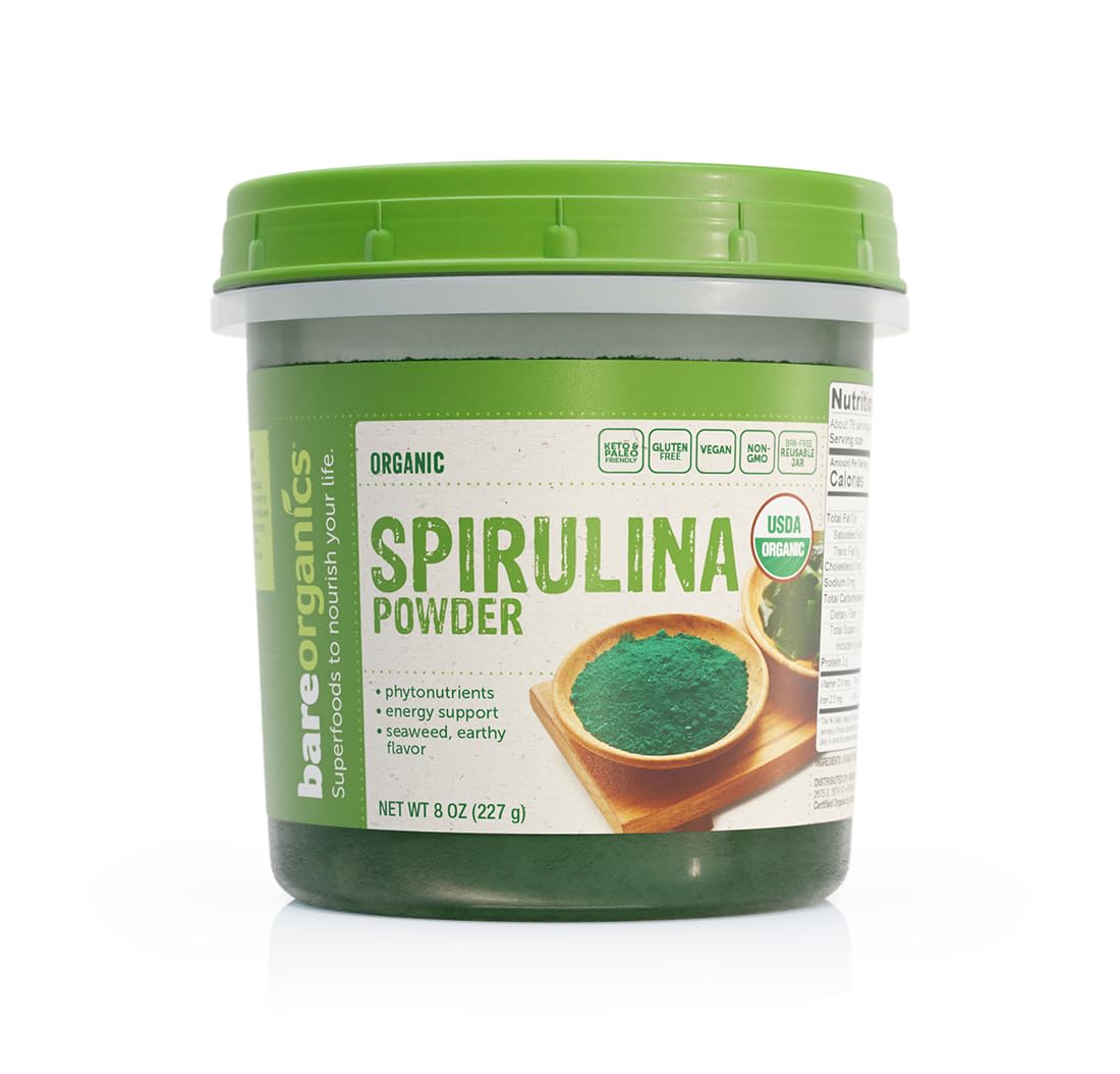 BareOrganics 13132 USDA Organic Raw Spirulina Powder, Whole Food Supplement