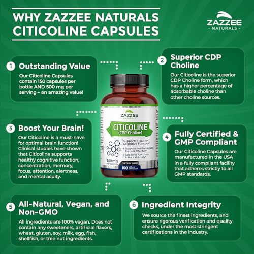 Zazzee Extra Strength Citicoline CDP Choline, 500 mg per Serving, 100 Vegan Capsules