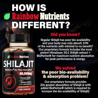 Pure Himalayan Shilajit Capsules Supplement (60,000mg+ Absorption Enhancer+50%