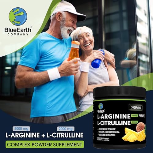 BlueEarth Company L-Arginine 5000mg + L-Citrulline Complex Powder Supplement Drink Mix - Nitric Oxide Booster for Heart Health, Blood Flow & Energy - 30 Servings (Pineapple)