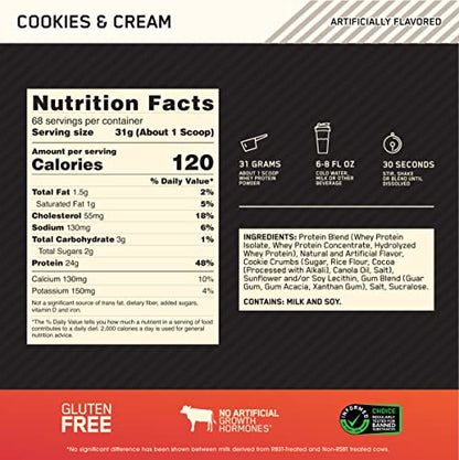 Optimum Nutrition Gold Standard 100% Whey Protein Powder, Cookies & Cream, 5 Pound