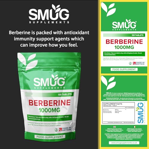 SMUG Supplements Berberine Tablets - 100 High Strength 1000mg Pills - Can Promote