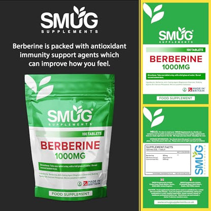 SMUG Supplements Berberine Tablets - 100 High Strength 1000mg Pills - Can Promote