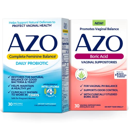 AZO Boric Acid Vaginal Suppositories (30 Count) + Complete Feminine Balance Daily Probiotics for Women