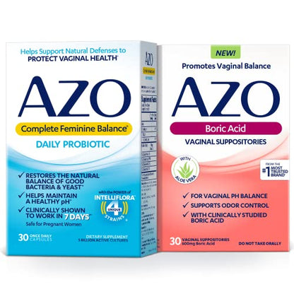 AZO Boric Acid Vaginal Suppositories (30 Count) + Complete Feminine Balance Daily Probiotics for Women