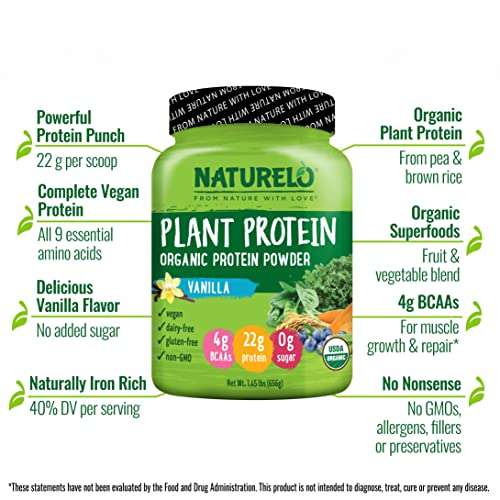 NATURELO Plant Protein Powder, Vanilla, 22g Protein - Non-GMO, 20 Ser