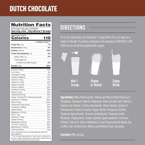 Isopure Dutch Chocolate Whey Isolate Protein Powder with Vitamin C & Zinc for Immune