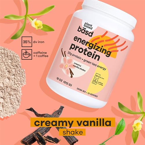 basd Energizing Protein, Vanilla Shake | Plant-Based Protein & Green Tea Energy | Vegan, Gluten-Free, Non-GMO, Dairy Free, Soy Free, Sugar-Free | 20g Protein, 100mg Caffeine, 20 Servings, 512g Tub