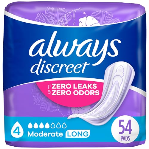 Always Discreet Adult Moderate Long Incontinence Pads, Up to 100% Leak-Free Protection, 54 Count