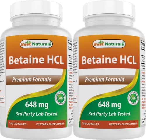 Best Naturals Betaine HCL 648 mg 250 Capsules (250 Count (Pack of 2))