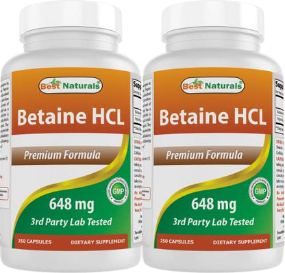 Best Naturals Betaine HCL 648 mg 250 Capsules (250 Count (Pack of 2))