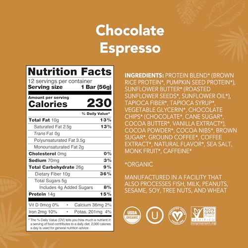 ALOHA Organic Plant Based Protein Bars - Chocolate Espresso (85mg Caffeine) - 12 Bars