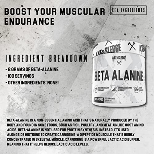 Axe & Sledge Supplements Beta Alanine Basics Powder, Supports Endurance, Performance, Strength, and Power, Unflavored, No Artificial Substances, Excipients, or Fillers, 100 Servings