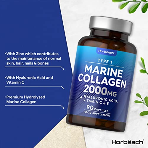 Marine Collagen Capsules | with Hyaluronic Acid, Vitamin C & E | 2000mg | High Strength Type 1 Collagen