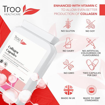 Troo Marine Collagen Supplement - 60 High Strength Capsules 1200mg Serving - Hydrolysed Marine Collagen Peptides with Vitamin C