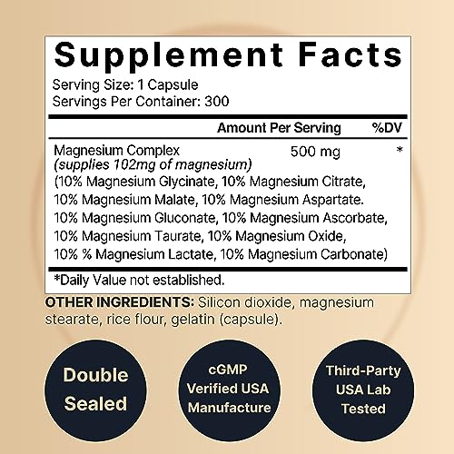 NatureBell Magnesium Complex Supplement 500mg, 300 Capsules | 10 Active Forms