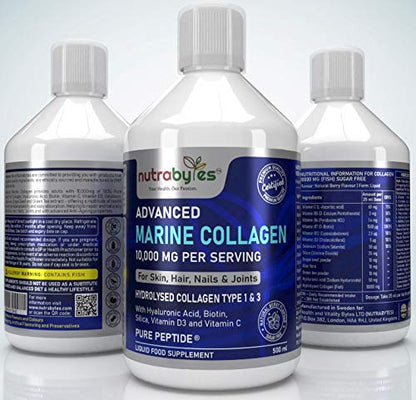 Marine Collagen Liquid 10000mg Sugar Free, Hydrolysed Peptides | Hyaluronic Acid, Biotin, Silica, Vitamin C, Vitamin D3