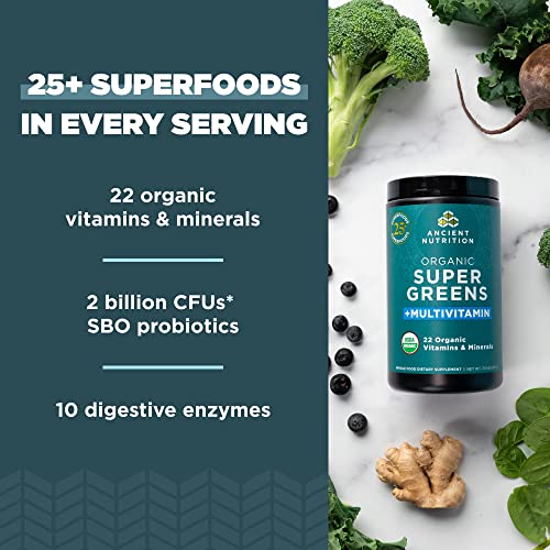 Ancient Nutrition Organic SuperGreens and Multivitamin Powder with Probiotics