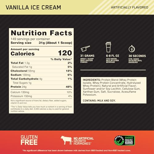 Optimum Nutrition Gold Standard 100% Whey Protein Powder, Vanilla Ice Cream, 10 Pound