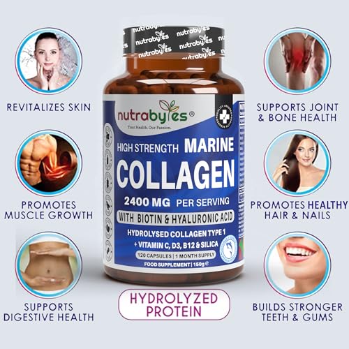 High Strength Marine Collagen 2400mg with Hyaluronic Acid 100mg, Biotin, Vitamin C, D3, B12 and Silica