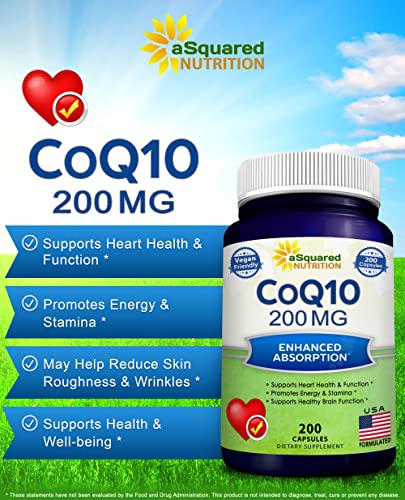 aSquared Nutrition CoQ10 (200 Capsules and 200mg) - High Absorption Vegan CO Q-10