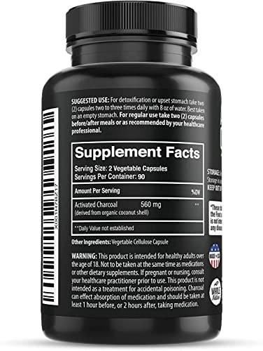 Activated Charcoal Capsules, 180 Vegan Pills Highly Absorbent Helps Reduce Gas, Bloating