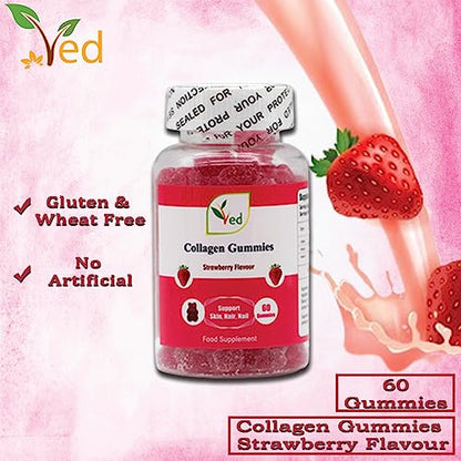 Ved Collagen Gummies; Chew Gummies Strawberry Flavour, Raw Unfiltered Collagen Gummies