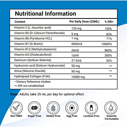 Marine Collagen Liquid 10000mg Sugar Free Berry Flavour, Hydrolysed Peptides, Hyaluronic Acid, Biotin, Silica, Vitamin C, Healthy Skin