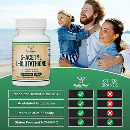 S-Acetyl L-Glutathione Capsules - 100mg, Manufactured and Tested in The USA, 60 Count