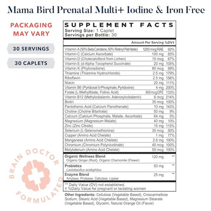 Best Nest Wellness Mama Bird Prenatal Vitamin Iron Free, No Iron or Iodine, Methylfolate