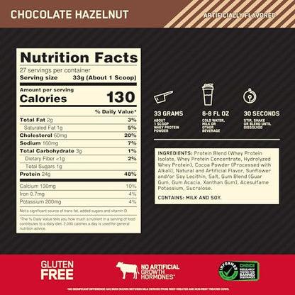 Optimum Nutrition Gold Standard 100% Whey Protein Powder, Chocolate Hazelnut