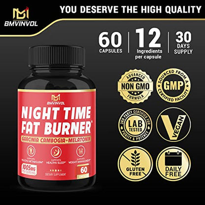 BMVINVOL Night Time Fat Burner, 12-in-1 Powerful Blend of Green Tea, Ceylon Cinnamon