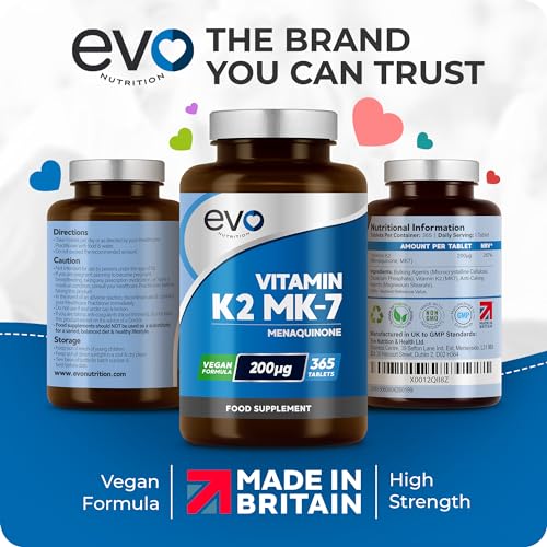 EVO NUTRITION Vitamin K2 MK-7 200mcg | 365 Vegetarian and Vegan Tablets