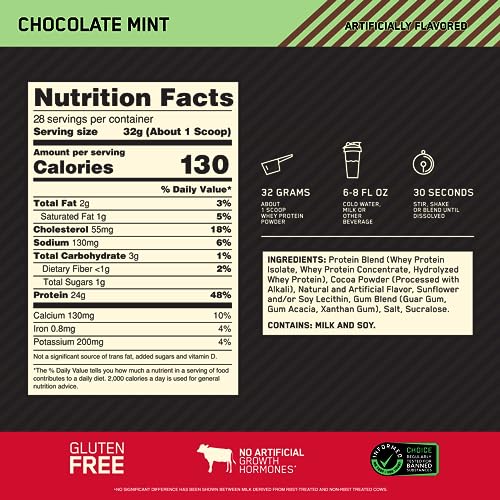 Optimum Nutrition Gold Standard 100% Whey Protein Powder, Chocolate Mint, 2 Pound