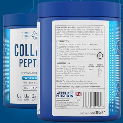 Applied Nutrition Collagen Peptides Powder - Hydrolysed Bovine Collagen Protein, Halal, Healthy Skin, Hair, Nails (Unflavoured) (300g - 15 Servings)