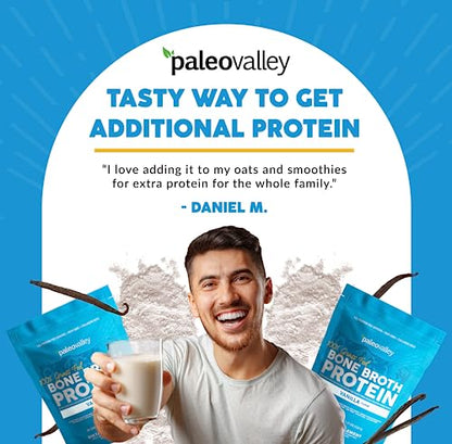 Paleovalley 100% Grass Fed Bone Broth Protein Powder - Vanilla - Rich in Collagen for Hair