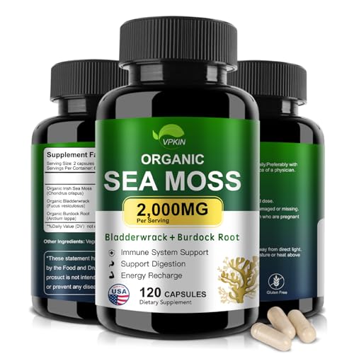 VPKIN Organic Sea Moss Capsules with Bladderwrack,Burdock Root and Black Pepper 