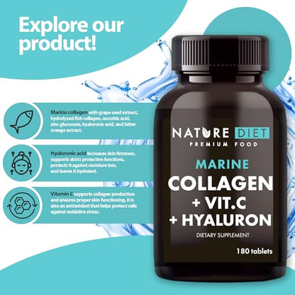 Nature Diet - Marine Collagen with Hyaluronic Acid and Vitamin C, 180 tablets, 500 mg , Peptan F , Fish Collagen