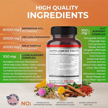 Ultra Herbs Premium Berberine 12,200MG with Cinnamon, Milk Thistle *USA Made & Test*