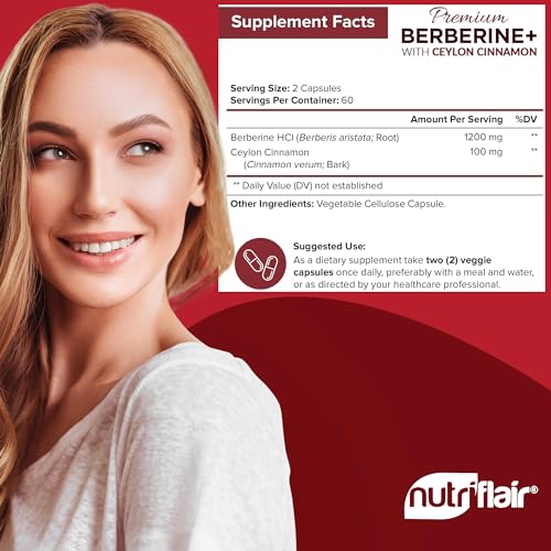 NutriFlair Premium Berberine HCL 1200mg, 120 Capsules - Plus Pure True Ceylon Cinnamon